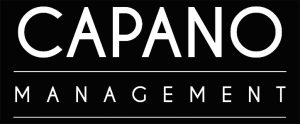 White text logo for Capano Management with black background
