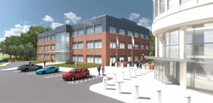 Digital models of modern office buildings with cars and employees