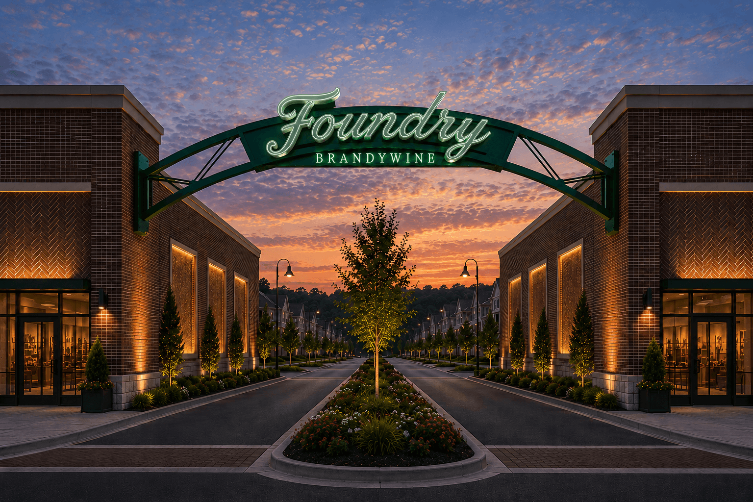 Illuminated Foundry Brandywine archway sign spans a tree-lined entrance between retail buildings at dusk