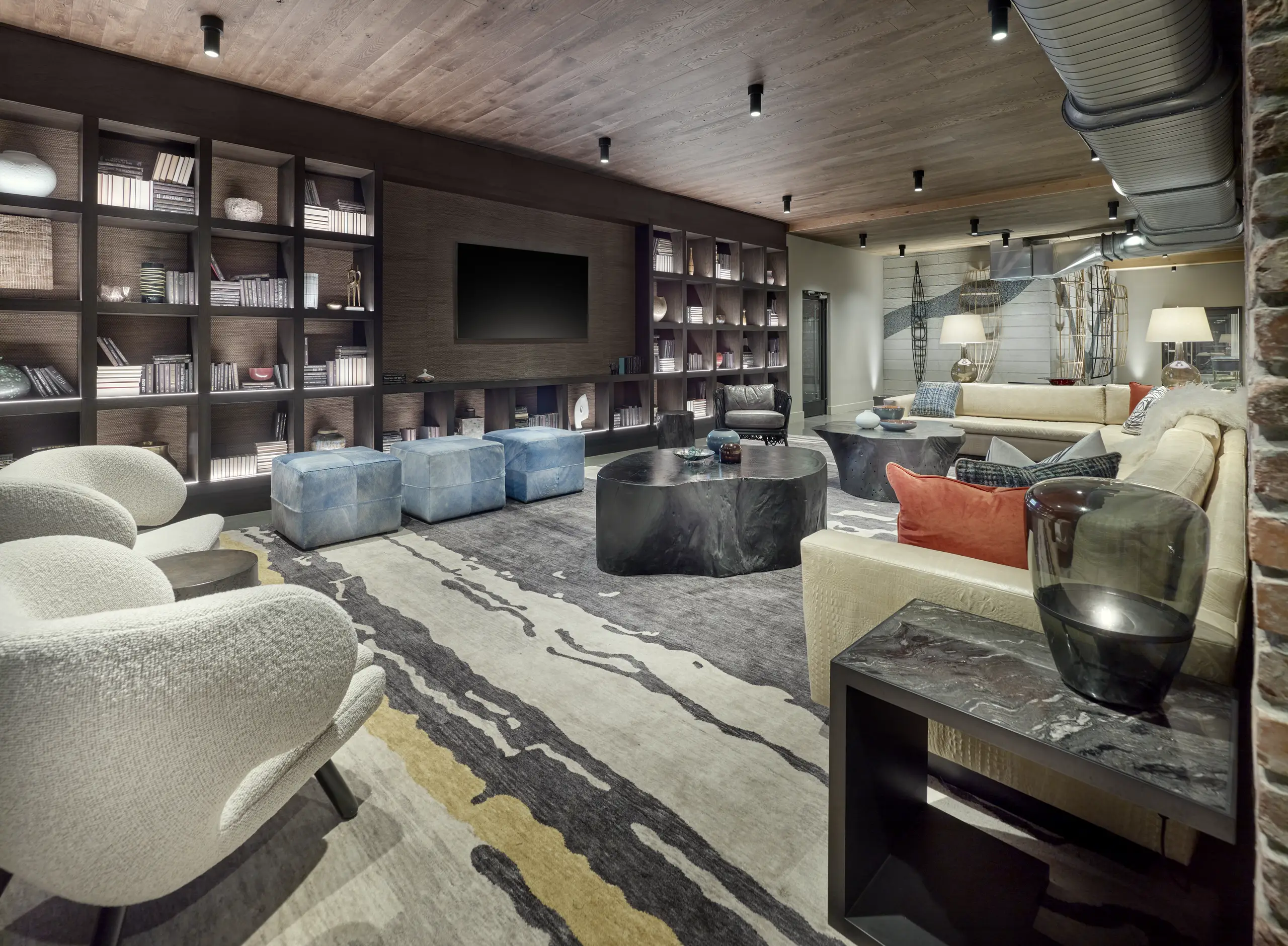 Cozy lounge with built-in bookshelves, wall-mounted TV, plush seating, and a patterned area rug